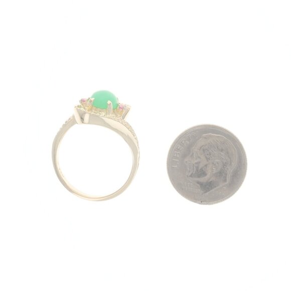 Yellow Gold Chrysoprase & Ruby Bypass Ring - 14k Oval Cabochon 1.15ctw Milgrain - Picture 5 of 6